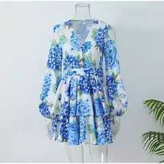 Imagem do Elegante Flor Estampada Babados Mini Vestido, Em Camadas, Decote V, Sopro de Manga Comprida, Vestidos Linha A, Vestido de Festa, Moda Chique, Senhora
