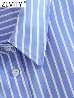 Zevity-Camisa Feminina Solta com Estampa Listrada Branca e Azul, Bolso Duplo, Blusa de Blusa Patch, Tops Chiques, Senhora do Escritório, Moda, LS3468 na internet