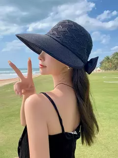 Imagem do Respirável Sunshade Bow Sunscreen Sun Hat, Simplificado Outdoor Universal, chapéu de palha oco, nova moda coreana, 2024