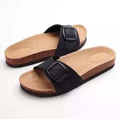 Evshine-chinelos planos femininos, novo design, tamancos, mulas femininas, chinelos de cortiça na moda, fivela ajustável, verão, 2024