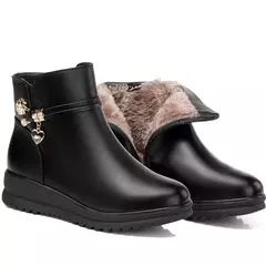 Botas de couro de strass para mulheres, sapatos de salto baixo, cabeça redonda, - Wolf Magazine