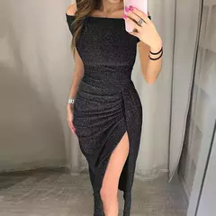 Vestido Slim Bodycon Off-Ombro feminino, Purpurina, Monocromático, Elegante, Sexy, Brilhante, Gola de corte, Longo, Festa à noite, Outono - Wolf Magazine
