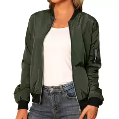 Imagem do Jaqueta bomber fina feminina, manga comprida, casaco fino, corta-vento casual, gola alta, jaqueta com zíper, monocromática, moda outono