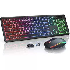 Combo de teclado e mouse sem fio, retroiluminado RGB, letras iluminadas recarregáveis, tamanho completo ergonômico, modo de suspensão, 2,4 GHz