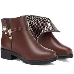 Imagem do Botas de couro de strass para mulheres, sapatos de salto baixo, cabeça redonda,