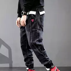 Calças jeans soltas para homens, calças harém, cor sólida, cintura de cordão - comprar online