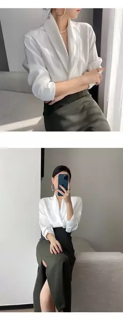 Blusa monocromática com decote em v feminina, manga comprida, tops irregulares, roupas de simplicidade e simplicidade, novo temperamento, outono