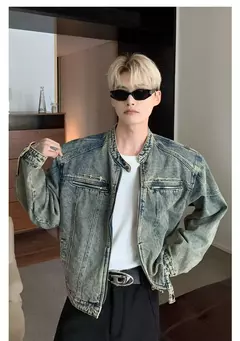 Jaqueta jeans de rua masculina, vintage lavada, jaqueta de caubói angustiada, streetwear casual, primavera, novo, estilo americano, zíperes na internet