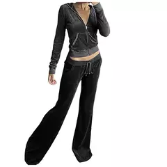 Suéter de veludo veludo de 2 peças para mulheres, calças largas, agasalho slim fit, capuz casual com zíper, jaqueta vintage, moletom - loja online