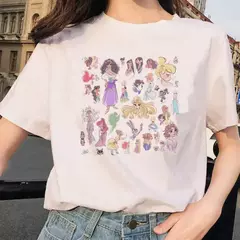 Desenhos animados kawaii feminino com estampa princesa, blusa branca com gola O, manga curta solta, algodão, verão - Wolf Magazine