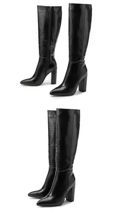Botas de couro com pontas aneikeh para mulheres, botas até o joelho com saltos grossos, padrão crocodilo, zíper lateral, primavera e outono, 2021