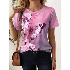 Imagem do Camiseta colorida com padrão de borboleta feminina, camisetas estampadas com flores 3D, camiseta solta na moda, manga curta, tops redondos com pescoço, vívido
