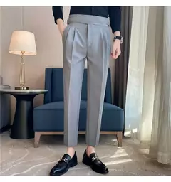 Estilo britânico dos homens de cintura alta vestido casual calça masculina cinto design calças finas formal escritório social vestido de festa de casamento terno calças - comprar online