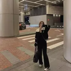Imagem do Calças de sino soltas de cintura alta com forro felpudo feminino, calça casual, esportes quentes espessados, calças de perna reta, outono, inverno