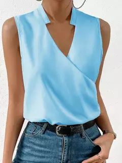 Camisa Feminina Elegante Monocromática Casual, Primavera, Verão, Senhora do Escritório, Sem Mangas, Blusa com Decote V, Top Clothing Feminina, S-3XL