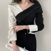 Mulheres Vintage manga comprida decote em v contraste Patchwork camisas, Tops senhoras, roupas de outono, moda Streetwear
