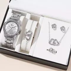 Relógio de luxo ouro rosa para mulheres, brinco colar anel, relógio de pulso strass, relógios casuais para senhoras, moda, 6 peças na internet
