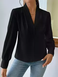 Imagem do Pulôver de manga comprida com decote V feminino, camisa elegante, estilo britânico, tops urbanos, monocromático, confortável, blusa casual feminina, outono