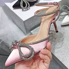 Sandálias de salto alto de cristal bowknot para mulheres, bomba strass, cinta no tornozelo, sapatos femininos de baile, moda, 2024 - loja online