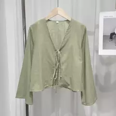 Camisas casuais de linho com renda para mulheres, oco, gola V, blusas de manga comprida, tops para senhora, streetwear, novo, primavera, 2022