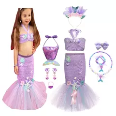 Meninas escala roxa princesa sereia ariel cosplay vestido de halloween vestido de festa de aniversário meninas verão praia vestido de férias na internet