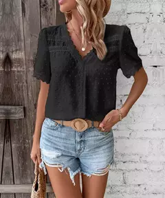 Imagem do Benuynffy-Blusa de renda com decote em v feminina, ponto suíço, tops sólidos, manga curta, boho, doce, casual, moda feminina, verão, novo, 2024