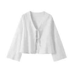 Camisas casuais de linho com renda para mulheres, oco, gola V, blusas de manga comprida, tops para senhora, streetwear, novo, primavera, 2022 - loja online