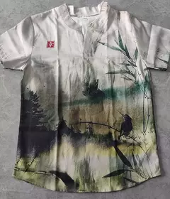 Camiseta casual de manga curta estampada masculina, camisa Henry estilo japonês - Wolf Magazine