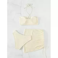Terno de biquíni sexy cor bege para mulheres, roupa de banho com pescoço pendurado, saia de corda feminina, roupa de praia 3 peças