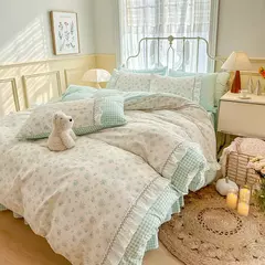 Conjunto de cama coreano para meninas, capa de edredão floral fronha de linho, lençol plano, gêmeo, solteiro, queen size, 3 peças