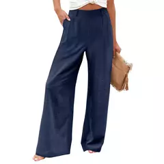 Calça larga de linho de algodão feminina, comprimento total, casual, monocromática, solta, cintura alta, reto, botão, verão - Wolf Magazine