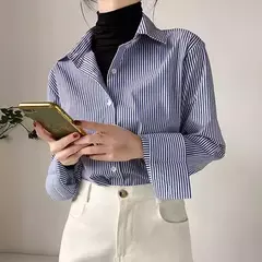 Blusa listrada clássica feminina, manga longa com lanterna, gola alta, top solto, primavera, outono - comprar online