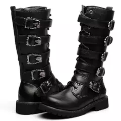Botas masculinas de couro de meia panturrilha, sapatos de combate com cinto gótico, Bota punk
