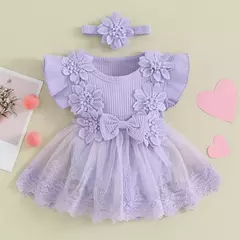 Recém-nascido Lace Patchwork Ruffle Macacões, Macacão Vestido, Mesh Baby Girl Roupas, Sunsuit Roupas, 2Pc Roupas - loja online