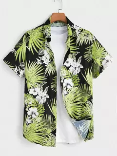 Imagem do Homens e mulheres com estampa havaiana camisas de manga curta, lapela botão-down tops
