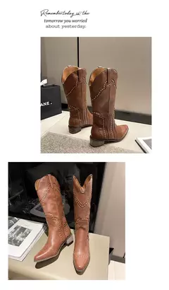 Botas góticas cravejadas para mulheres, joelho alto, couro curto, salto baixo, vaqueiro ocidental, designer de luxo, sapatos de rock novos, vintage, ocidental, 2024 na internet