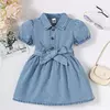 Bebê menina de manga bolha jeans lapela vestido casual, festa de aniversário, criança de 1 a 3 anos, moda verão