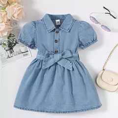Bebê menina de manga bolha jeans lapela vestido casual, festa de aniversário, criança de 1 a 3 anos, moda verão - Wolf Magazine