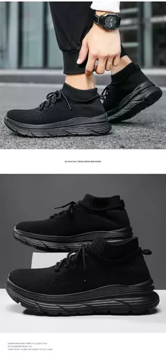 Sapato de meias casual confortável masculino, tênis preto para dirigir, novo, na internet