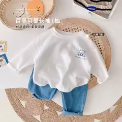 Camiseta infantil de manga comprida, algodão puro, camisa base, desenho animado estampado, primavera e outono, bebê, meninos e meninas