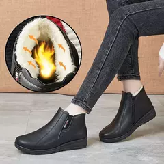Botas de sola macia para mulheres, sapatos de couro, pelúcia de algodão, meio-leaged, idosos, mãe, inverno, venda quente