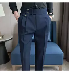 Calça de cintura alta estilo britânico masculina, justa, calça formal de escritório, social, festa de casamento, fato de vestido, calça, casual na internet