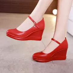 sapato de couro de alta qualidade para mulheres 7cm de cunha plataforma de salto alto dedo do pé redondo 32 33 42 43 elegante e sapato de moda branco vermelho preto - Wolf Magazine