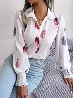 Imagem do Mulheres Casual Pena Imprimir Collar Manga Longa Camisa Branco Rosa Azul