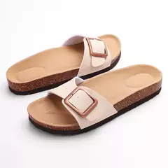 Evshine-chinelos planos femininos, novo design, tamancos, mulas femininas, chinelos de cortiça na moda, fivela ajustável, verão, 2024