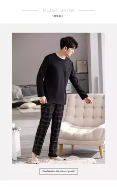 Pijama de algodão estampado urso masculino, calça xadrez manga comprida, roupa de dormir casual, plus size, 4XL, outono, inverno, novo - loja online