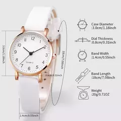 Relógio de couro branco feminino, relógio de quartzo simples com bracelete coração amor, conjunto 2 peças - loja online