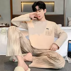Pijama de algodão de duas peças masculino, calça de manga comprida, traje caseiro, estudante e adolescente, novo outono - loja online