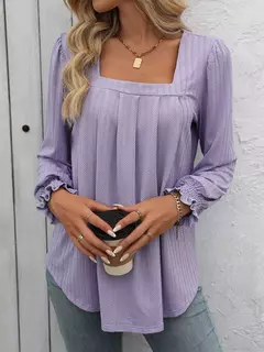Camiseta feminina casual de manga comprida com gola quadrada, mangas folhada, design plissado, tops de pulôver, camisetas na moda na internet