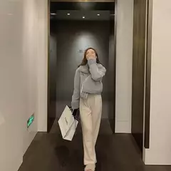 Calças de sino soltas de cintura alta com forro felpudo feminino, calça casual, esportes quentes espessados, calças de perna reta, outono, inverno - comprar online